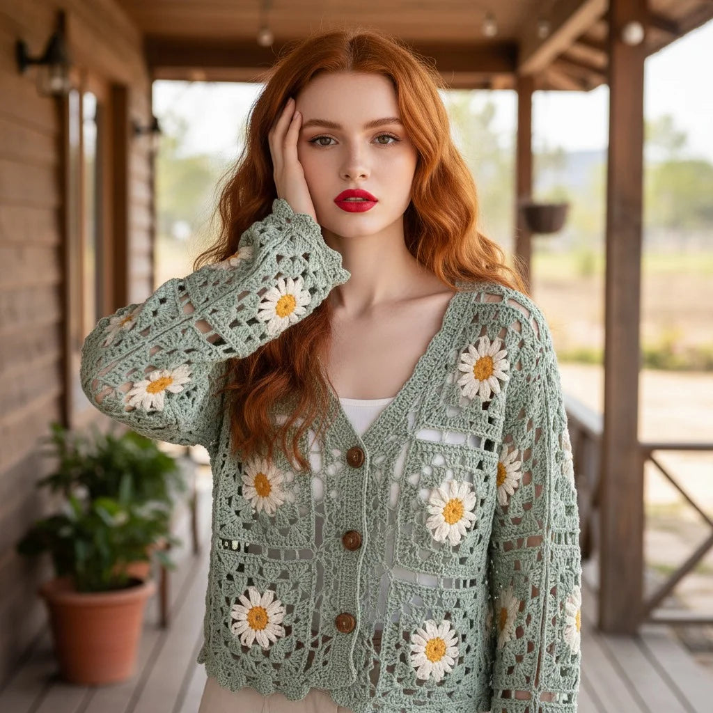floral crochet cardigan daisy knit boho sweater women