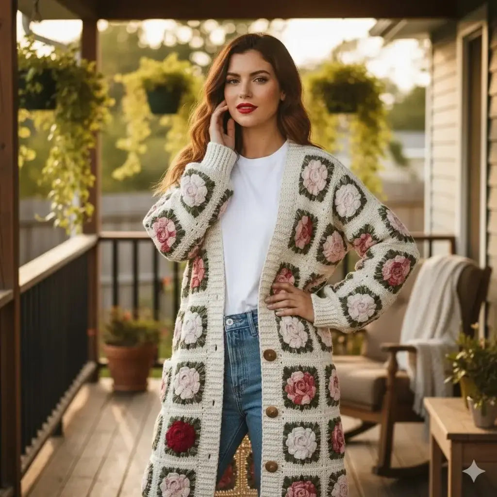 crochet cardigan women floral granny square long knit