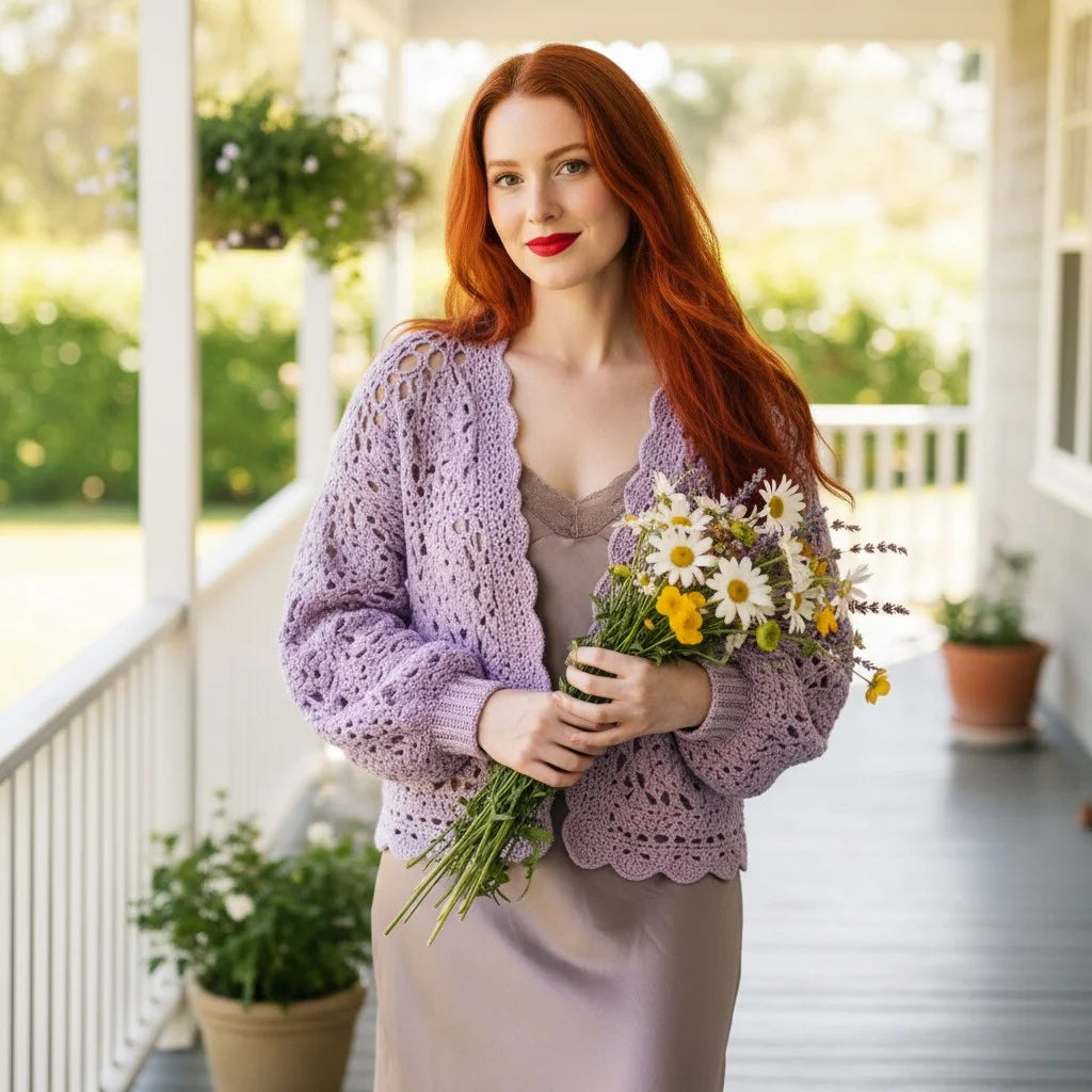 lavender crochet cardigan boho lace knit sweater women