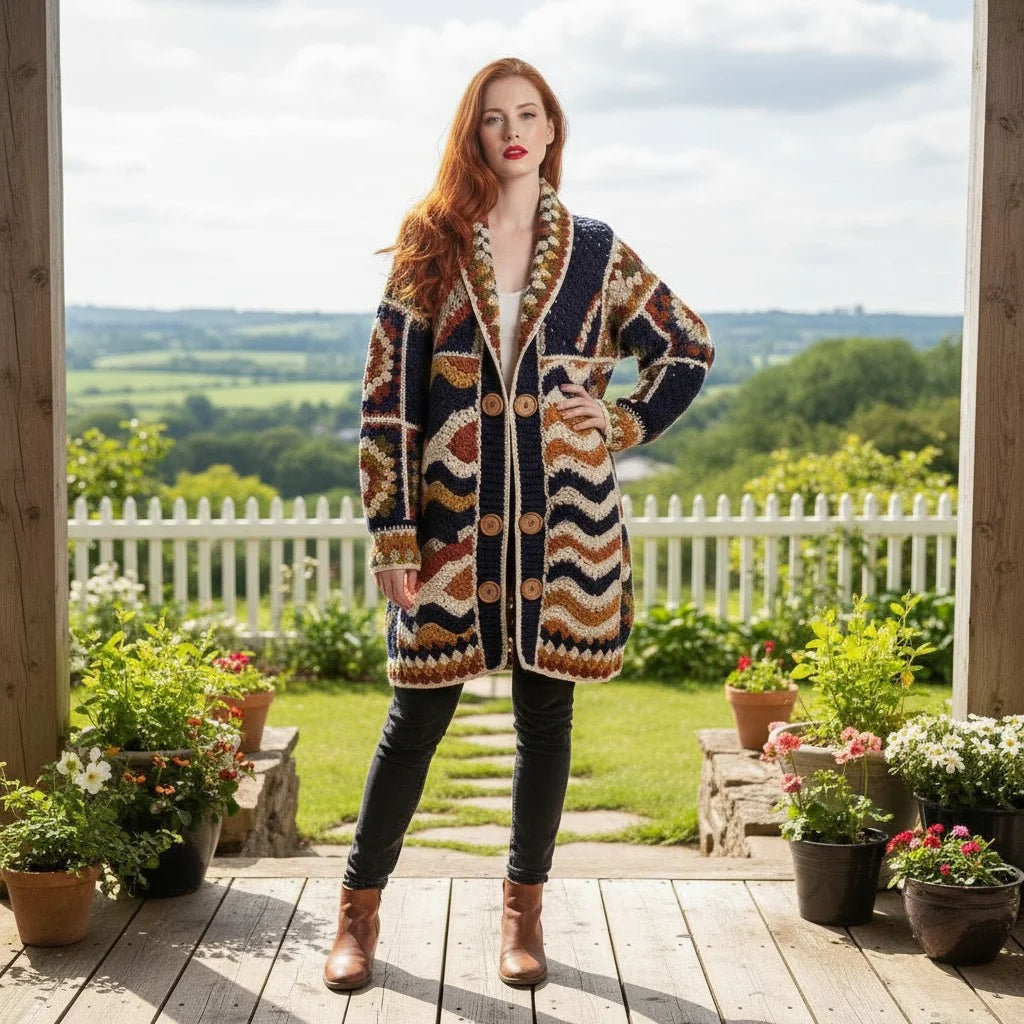 Crochet cardigan women in oversized boho knit pattern, featuring rich colors and button detailing, against a scenic backdrop.