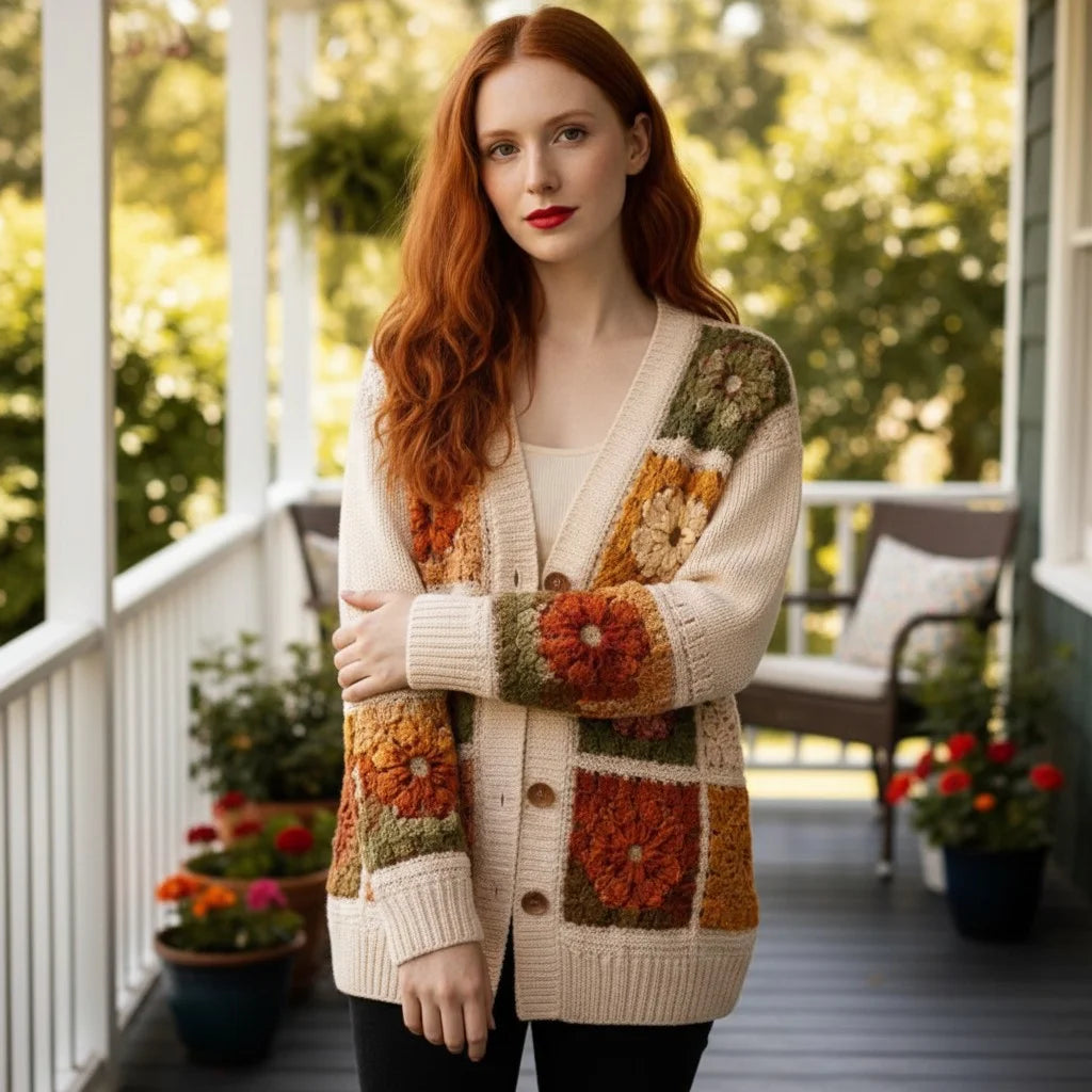 granny square cardigan floral crochet knit sweater women