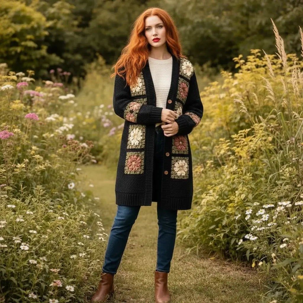 crochet cardigan women floral long boho knit sweater