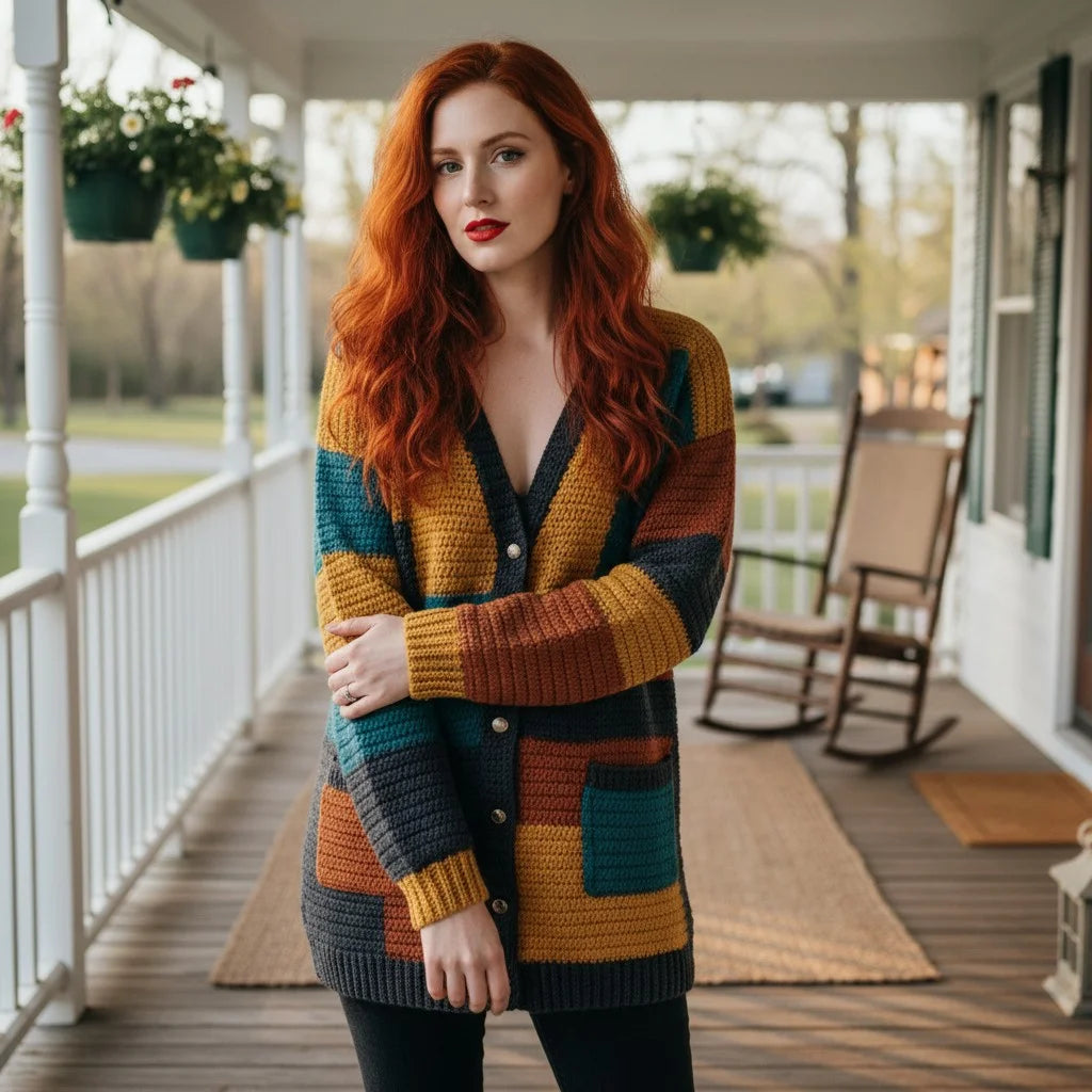 color block crochet cardigan oversized boho knit sweater women