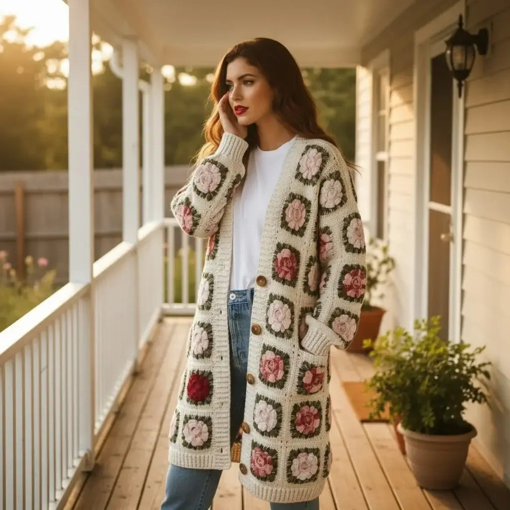 crochet cardigan women floral granny square long knit