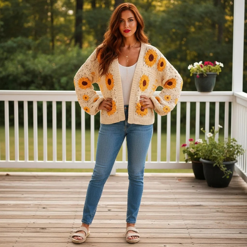 crochet cardigan women in floral granny square design, featuring sunflowers, worn with jeans and sandals.