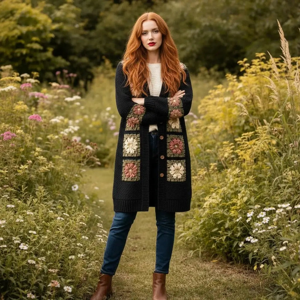 crochet cardigan women floral long boho knit sweater