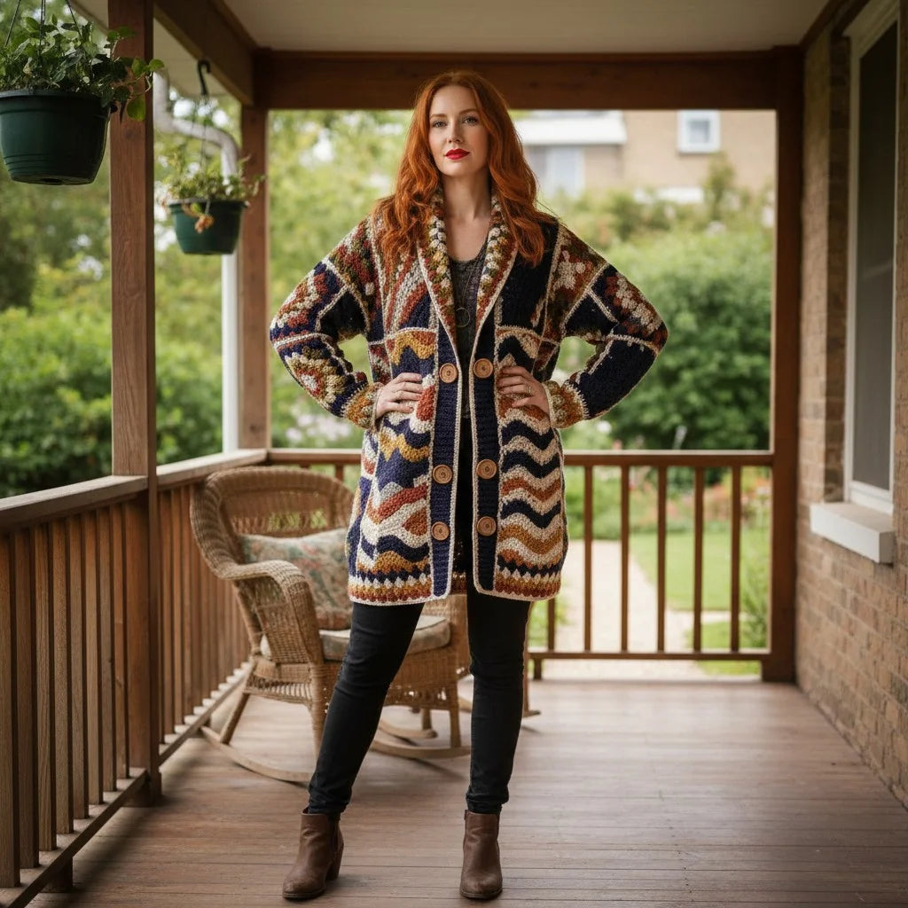 Woman wearing a crochet cardigan women with a boho pattern, posing on a porch, showcasing comfort and style.