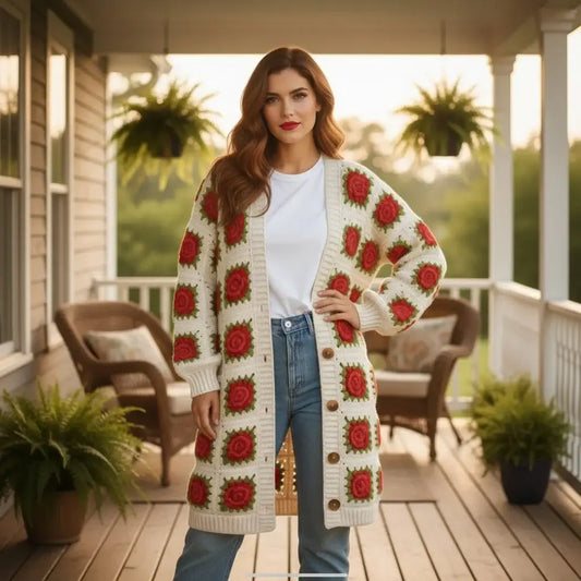 crochet cardigan women floral granny square long knit