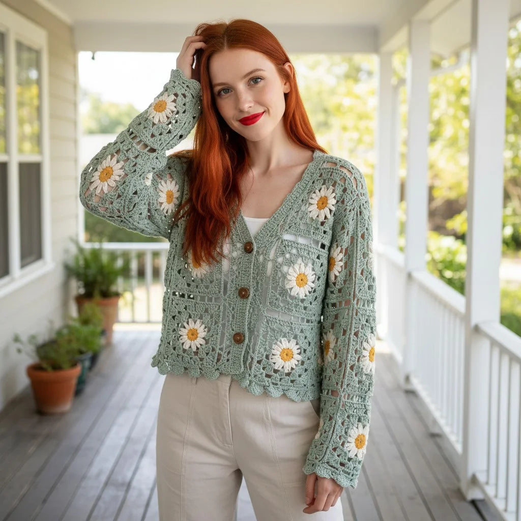 floral crochet cardigan daisy knit boho sweater women