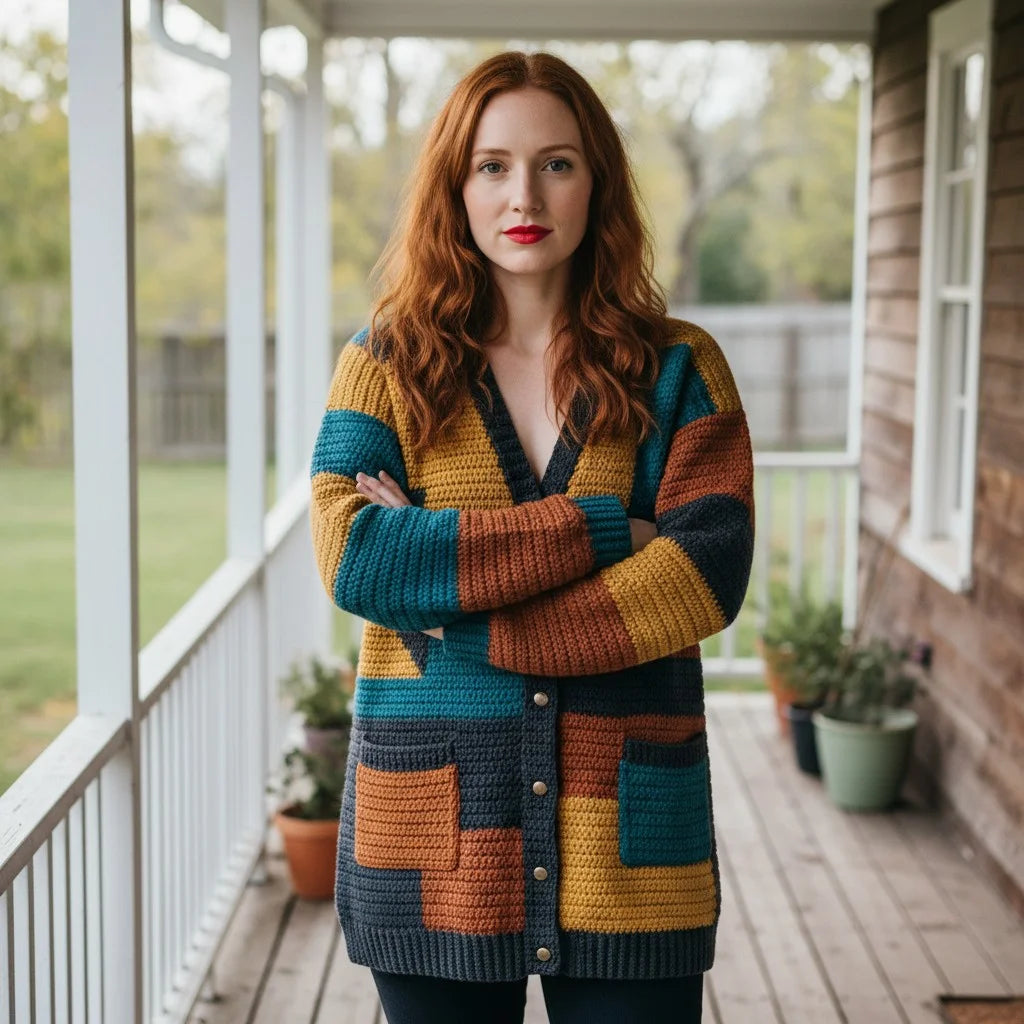 color block crochet cardigan oversized boho knit sweater women