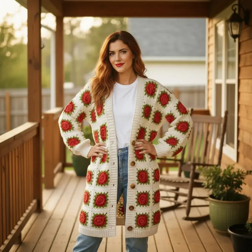 crochet cardigan women floral granny square long knit