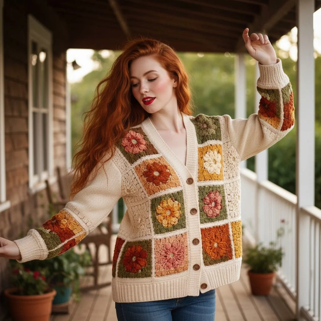 granny square cardigan floral crochet knit sweater women