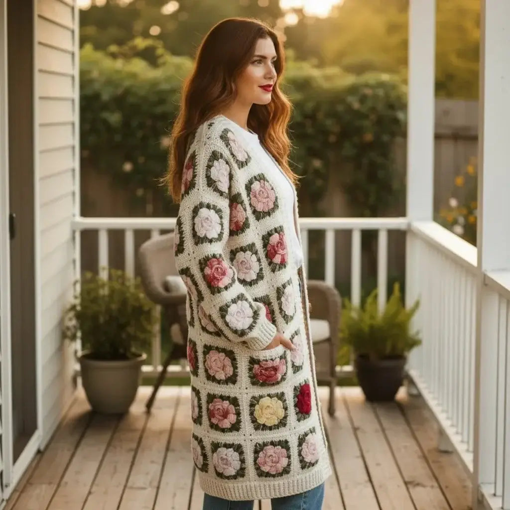 crochet cardigan women floral granny square long knit