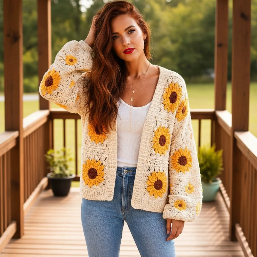A woman wearing a stylish crochet cardigan women with sunflower patterns, complemented by a casual white top and jeans.