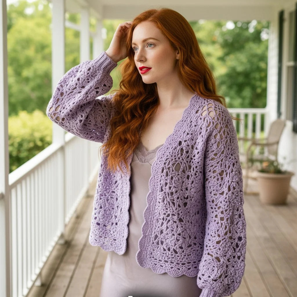 lavender crochet cardigan boho lace knit sweater women
