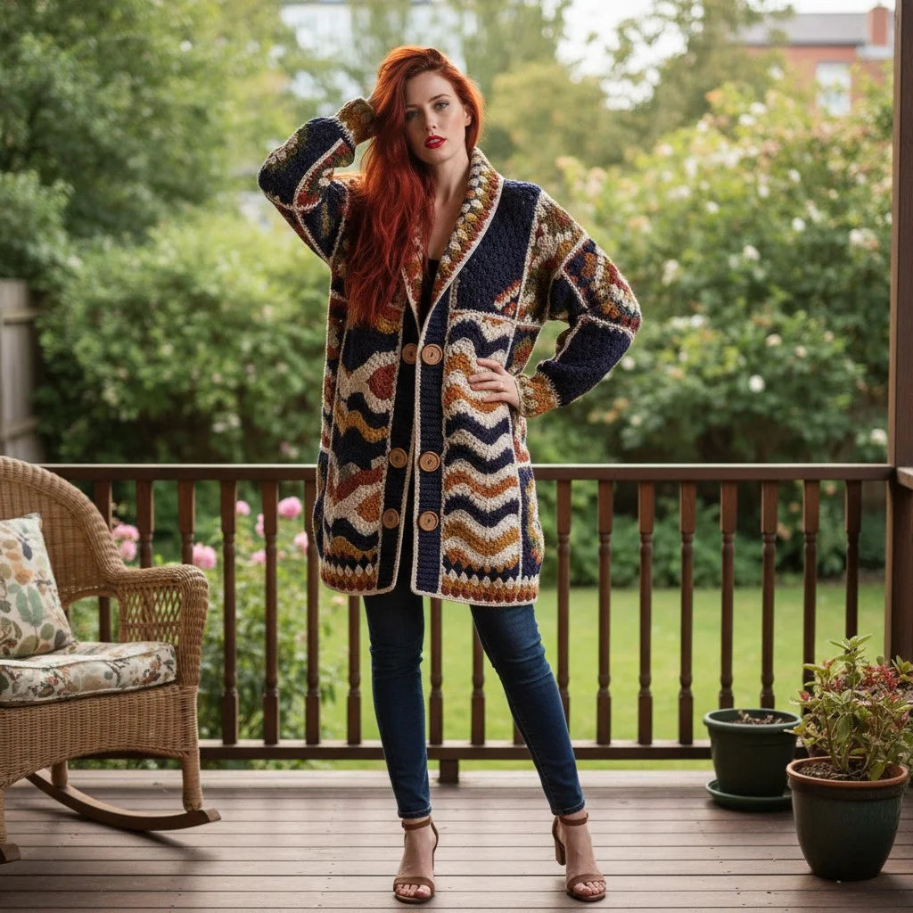 Crochet cardigan women styled in a boho pattern, showcasing an oversized fit and buttons, perfect for cozy comfort.