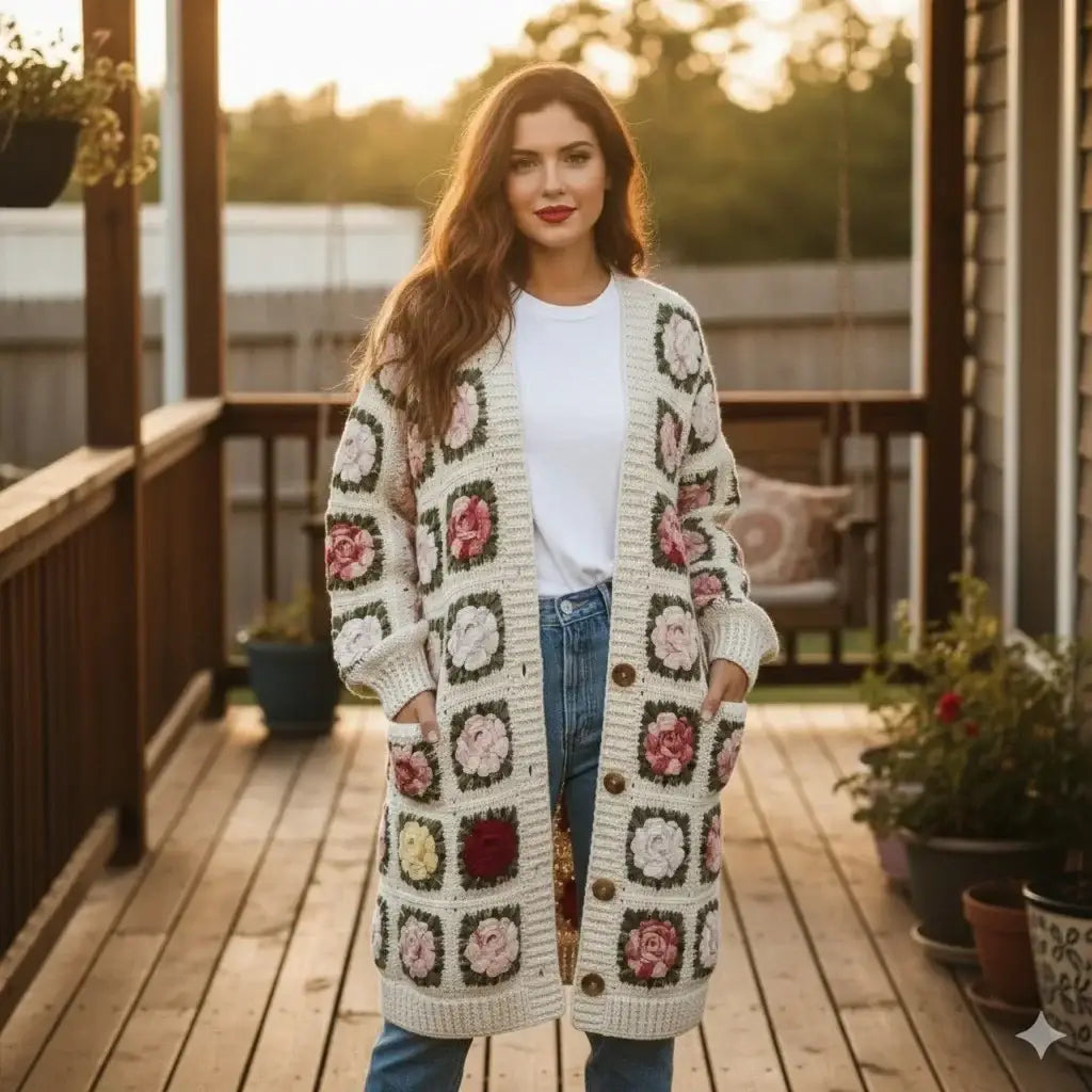 crochet cardigan women floral granny square long knit
