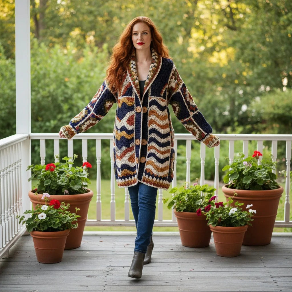 Woman wearing a crochet cardigan women with boho pattern, posing on a porch surrounded by potted flowers.