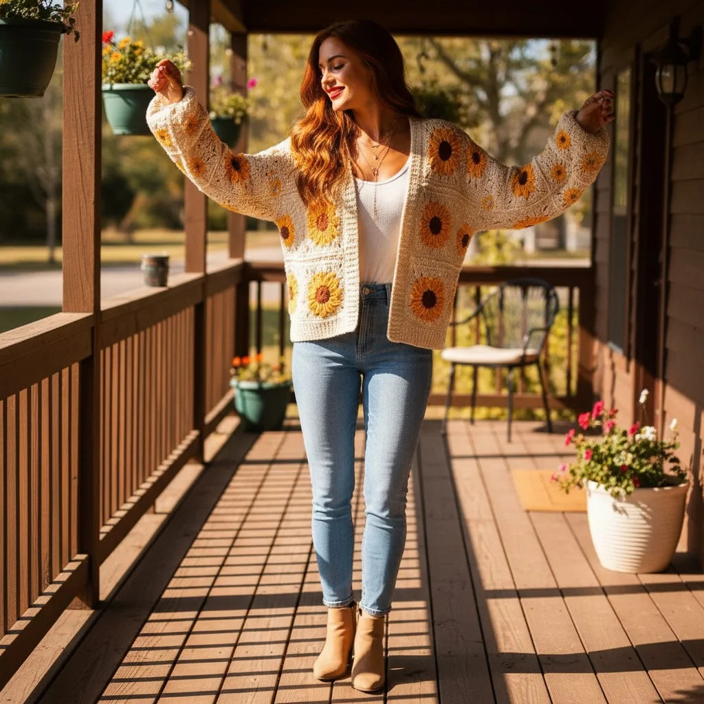 crochet cardigan women daisy floral boho knit