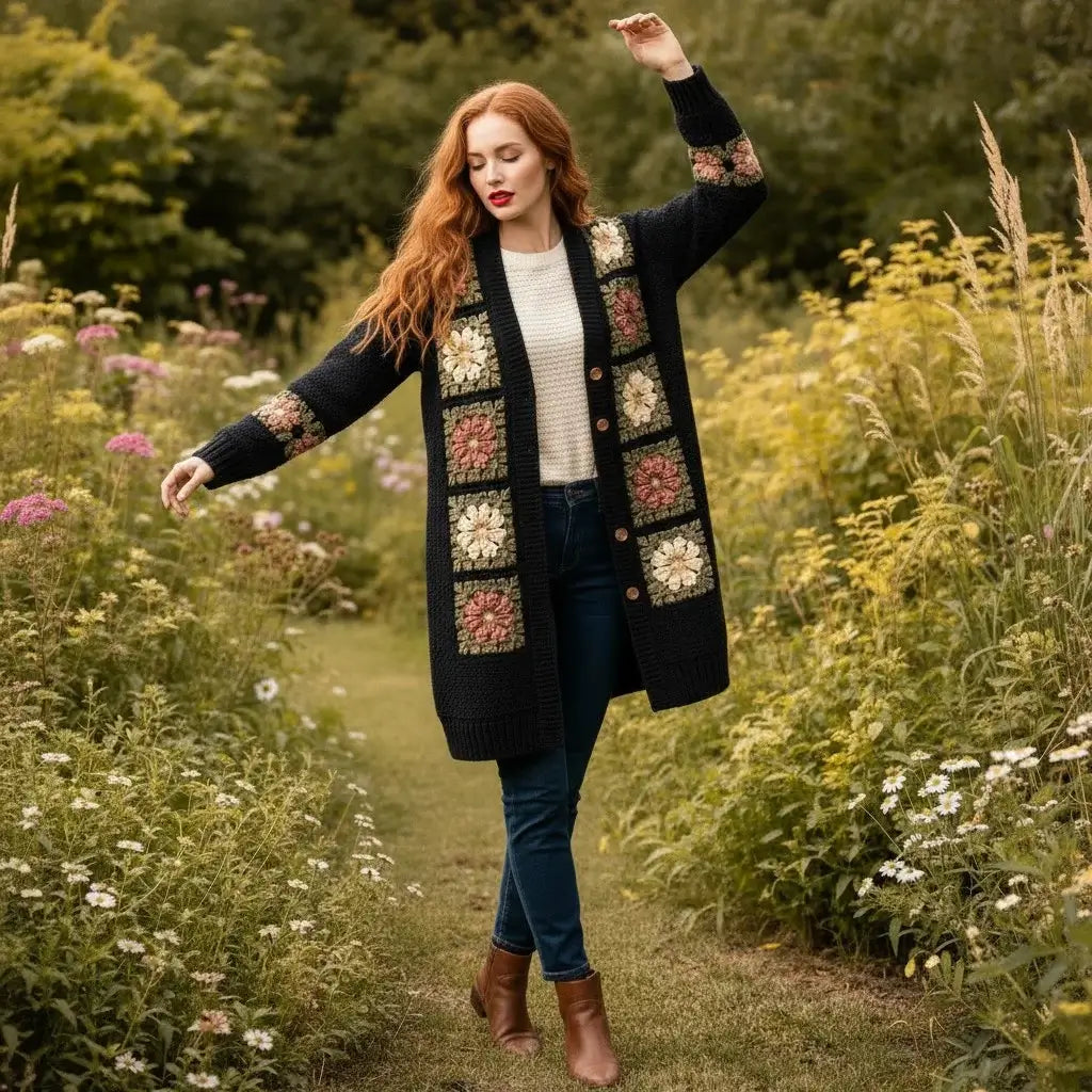 crochet cardigan women floral long boho knit sweater