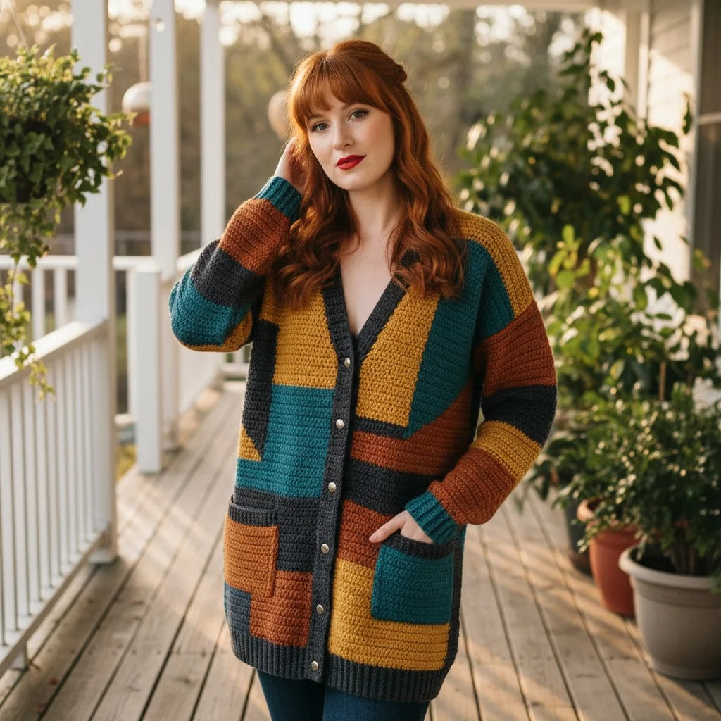 color block crochet cardigan oversized boho knit sweater women