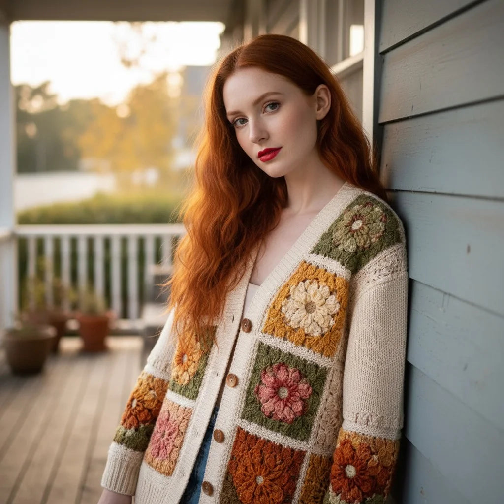 granny square cardigan floral crochet knit sweater women