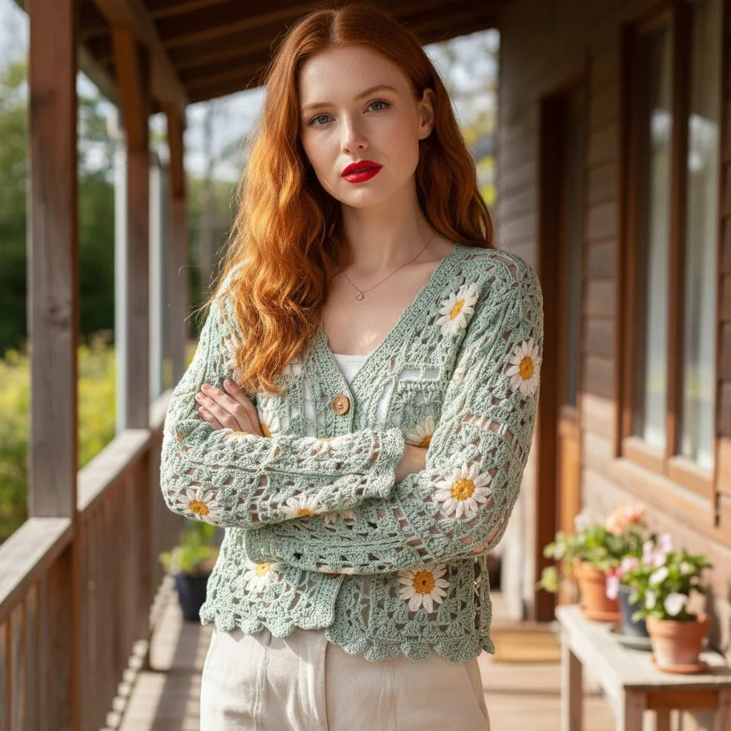 floral crochet cardigan daisy knit boho sweater women