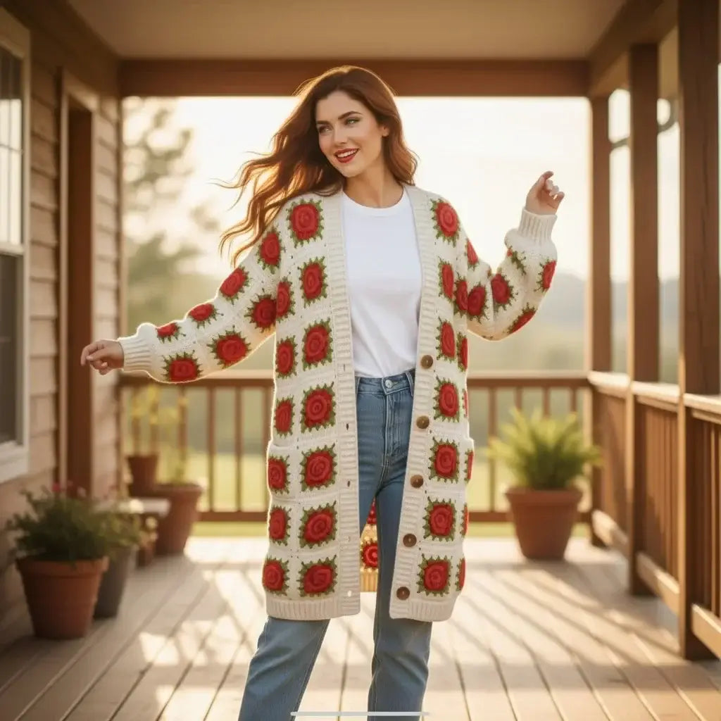 crochet cardigan women floral granny square long knit