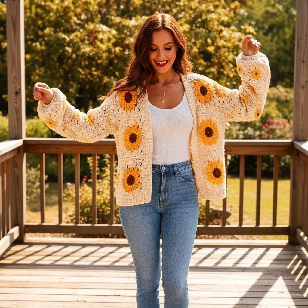 Crochet cardigan women featuring sunflower patterns, perfect for adding a boho touch to your wardrobe.