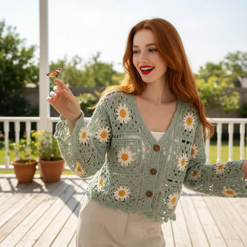 floral crochet cardigan daisy knit boho sweater women
