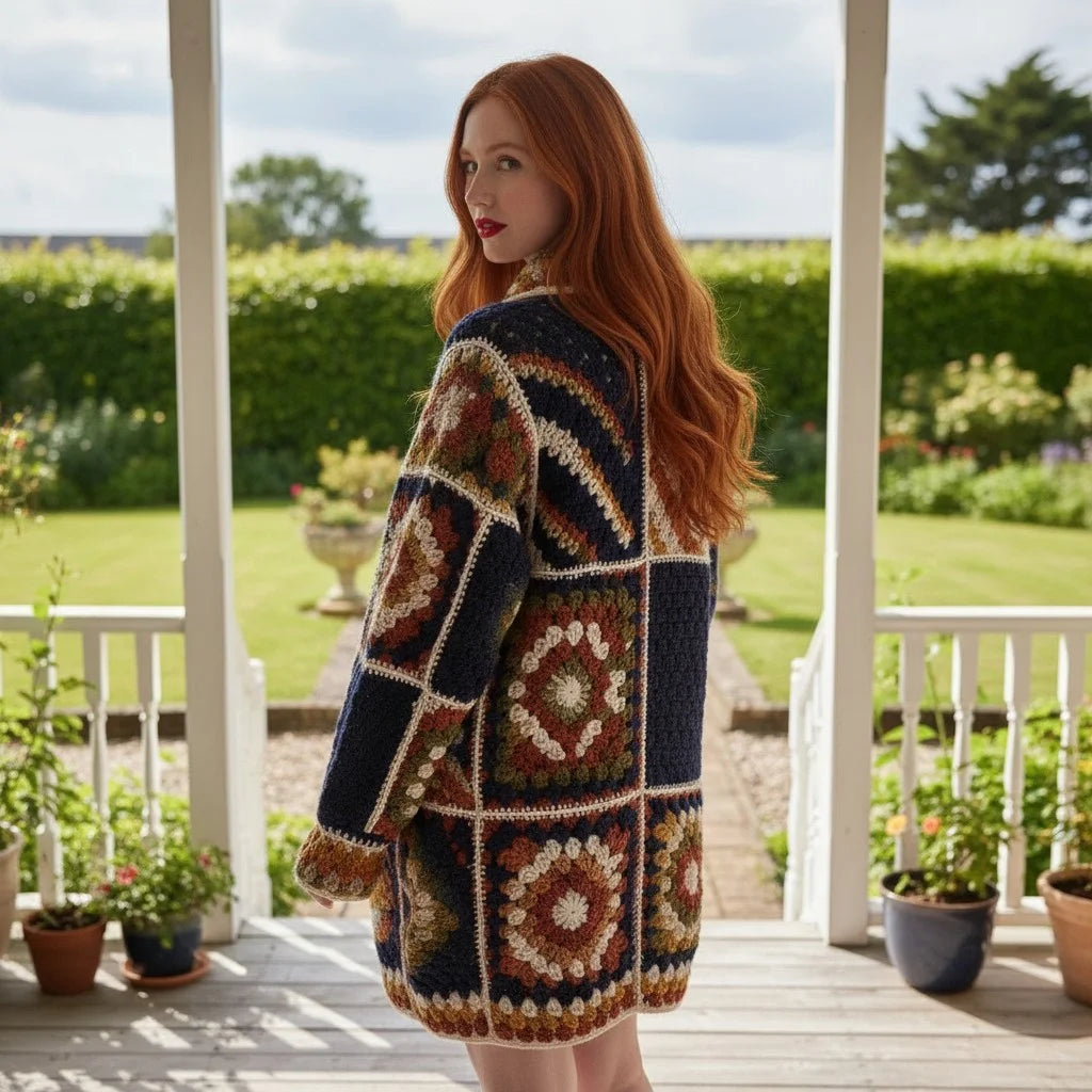 Crochet cardigan women featuring a colorful boho pattern and oversized fit, displayed in a garden setting.