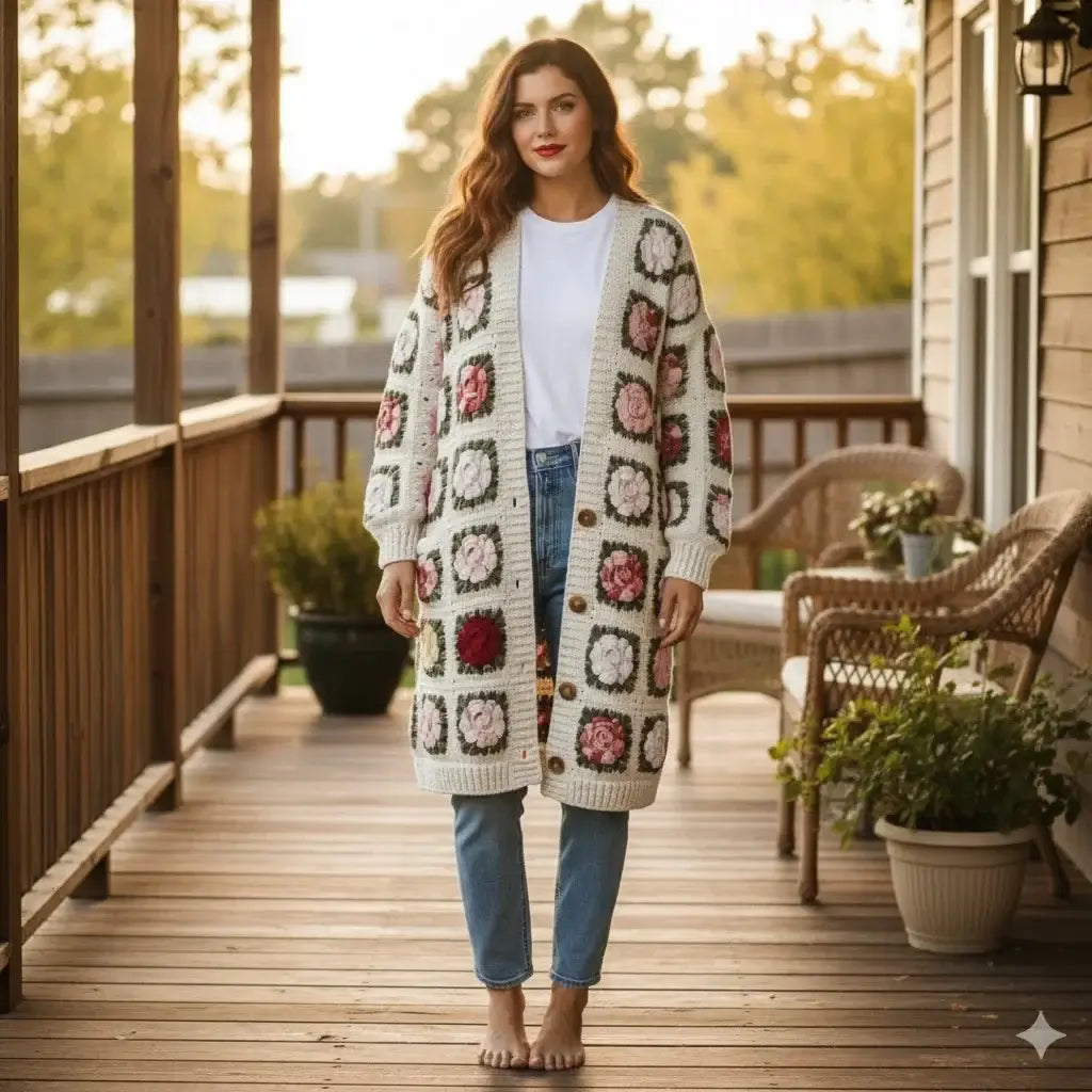 crochet cardigan women floral granny square long knit