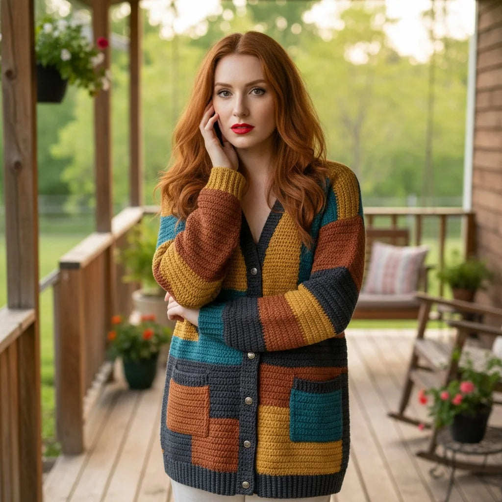 color block crochet cardigan oversized boho knit sweater women
