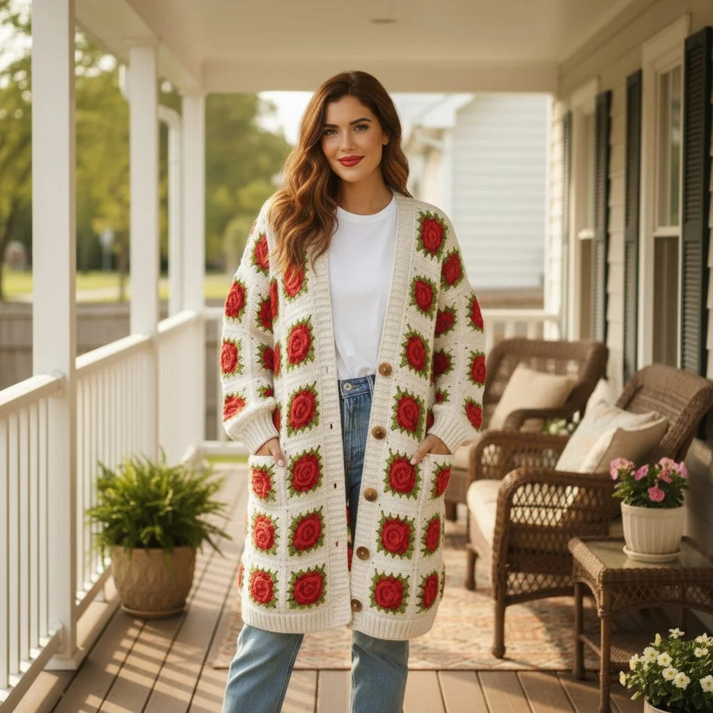 crochet cardigan women floral granny square long knit