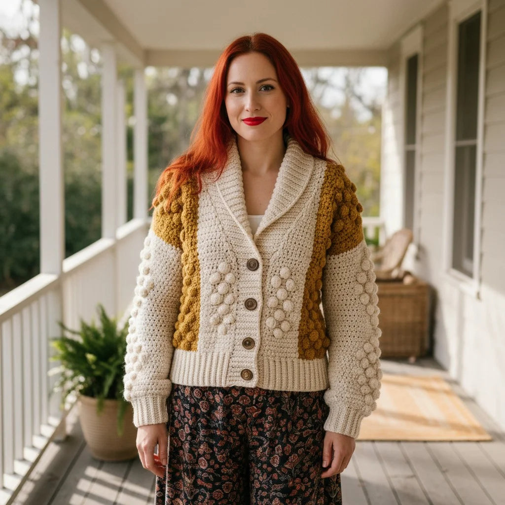 bobble knit crochet cardigan cozy boho sweater women