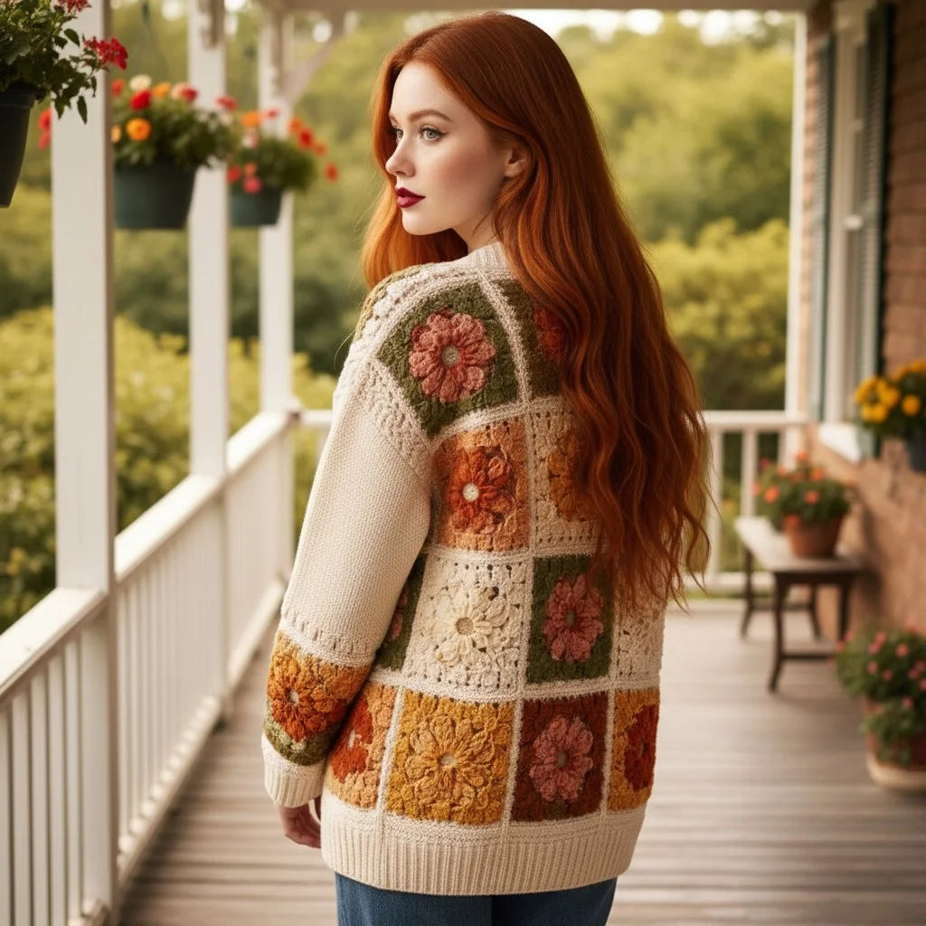 granny square cardigan floral crochet knit sweater women
