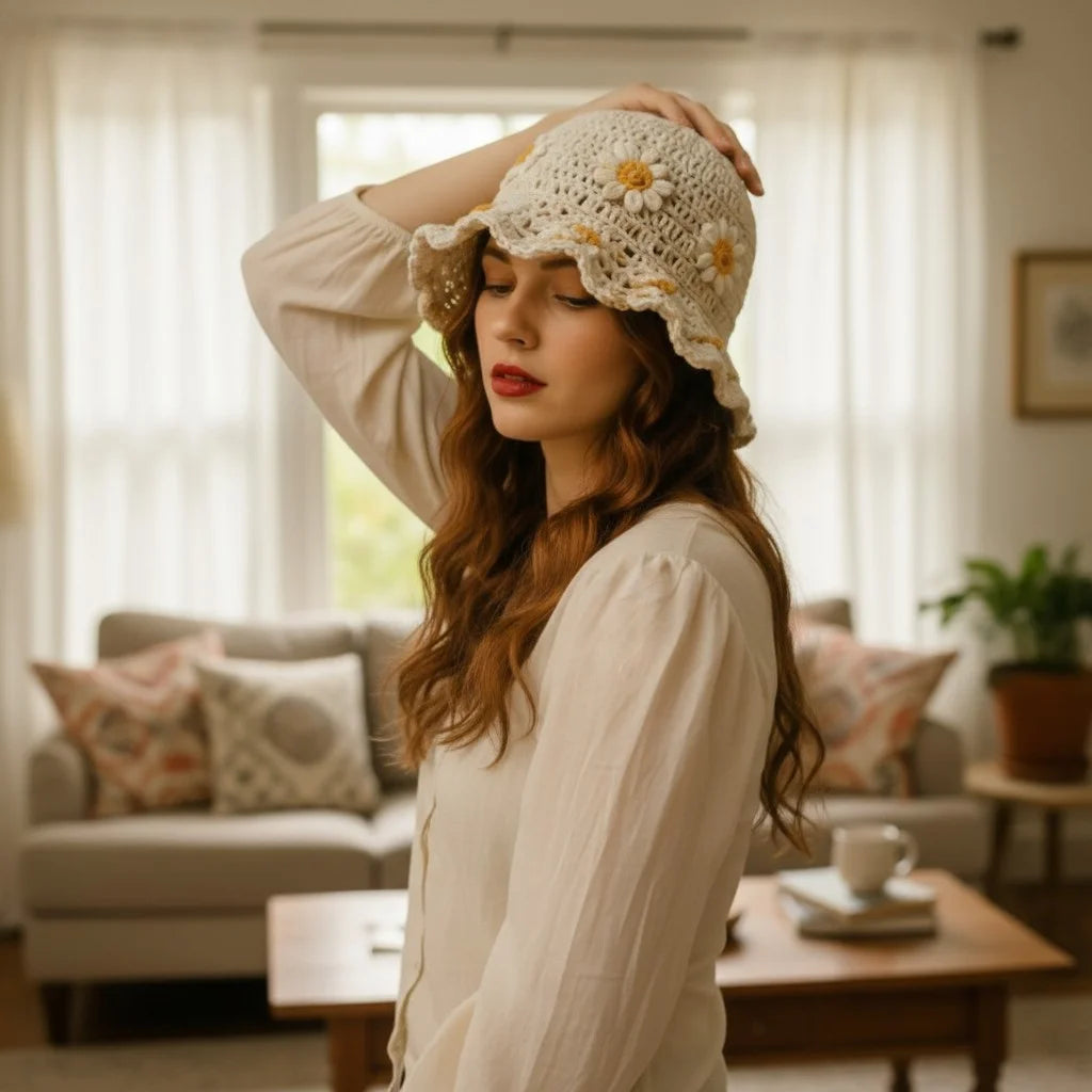 daisy crochet bucket hat boho floral summer hat women