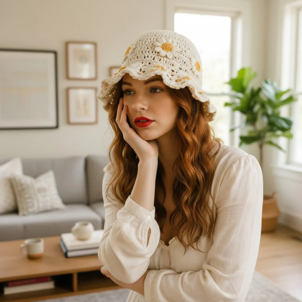 daisy crochet bucket hat boho floral summer hat women