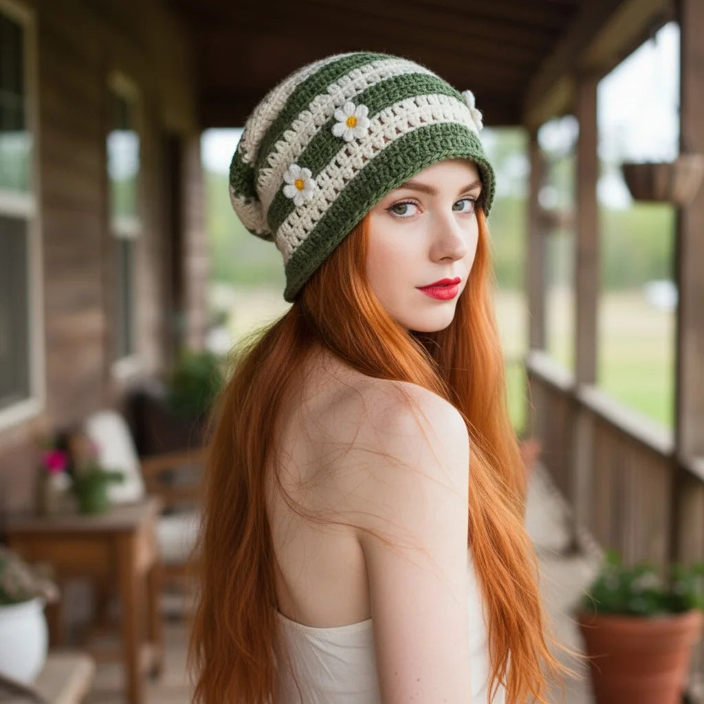 green crochet daisy beanie hat boho slouchy crochet cap
