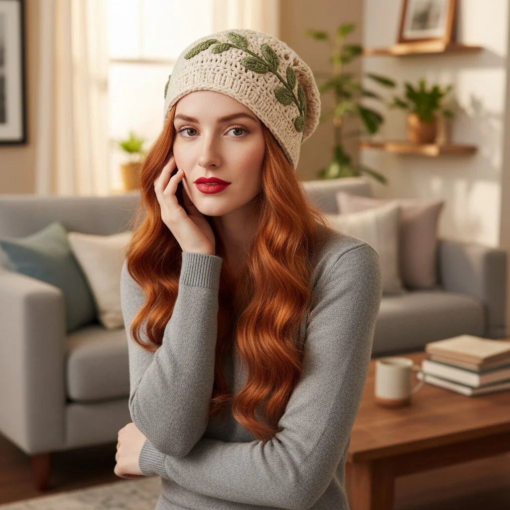 leaf crochet slouchy beanie boho knit winter hat women