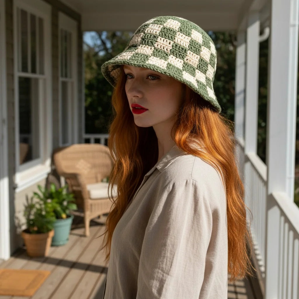 checkerboard crochet bucket hat handmade boho cap