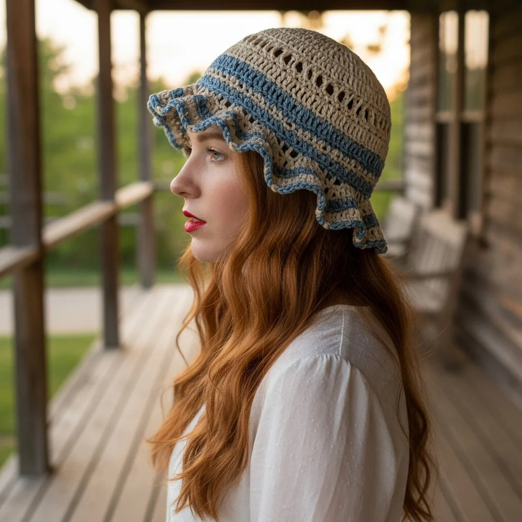 blue ruffle crochet bucket hat boho summer crochet cap
