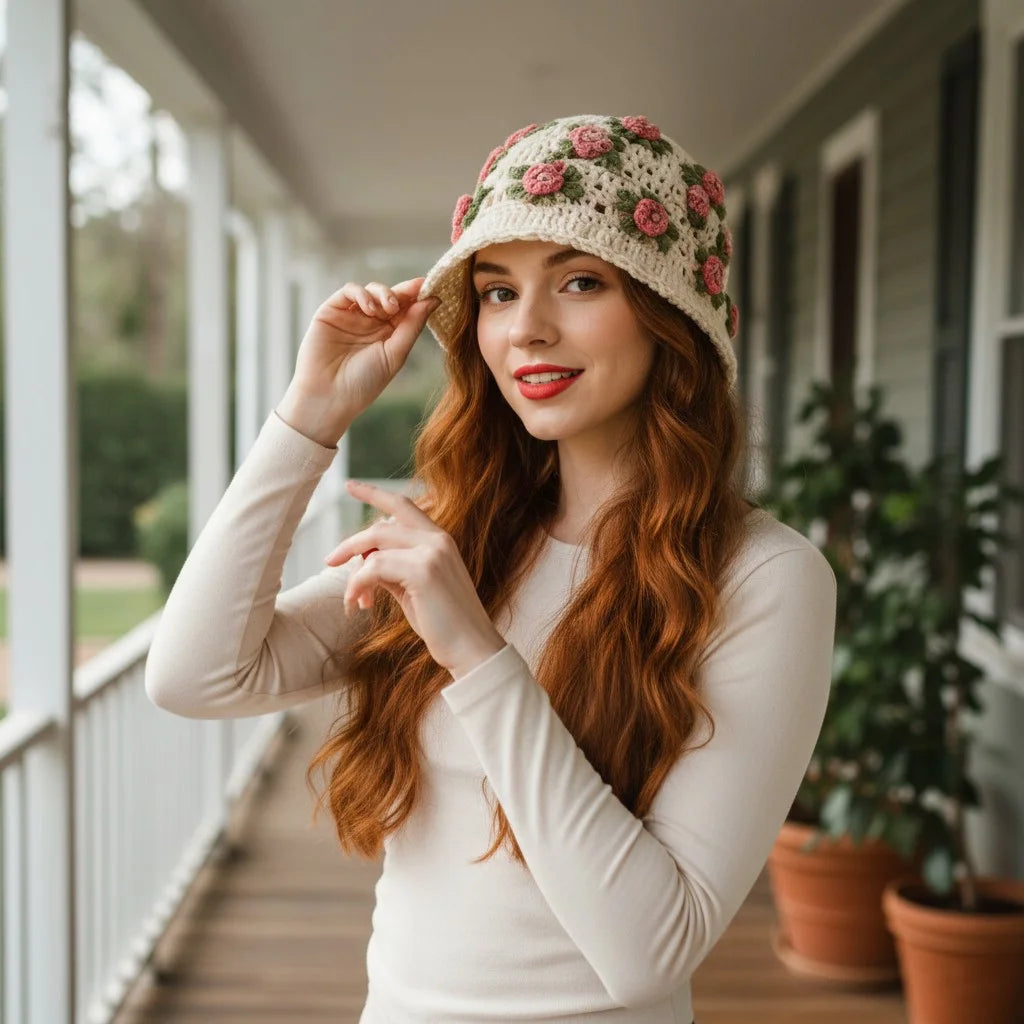 floral crochet bucket hat boho rose summer hat women