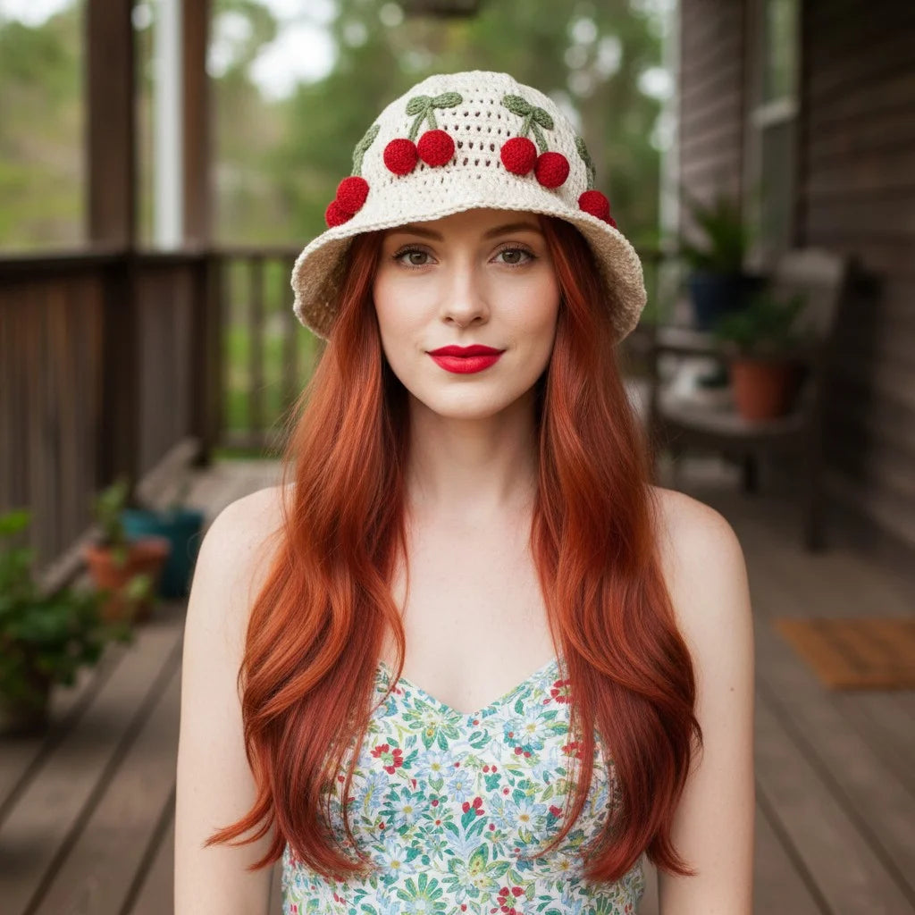 cherry crochet bucket hat cute boho summer cap