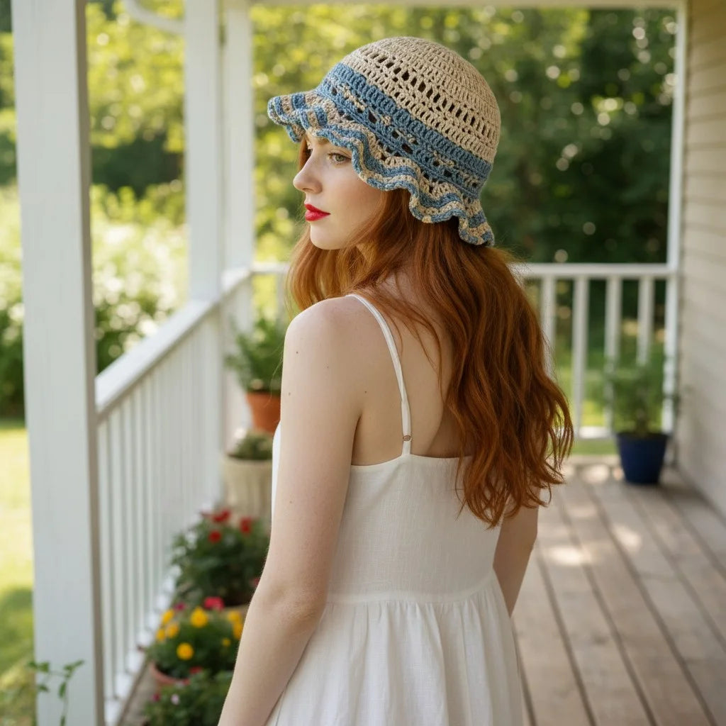 blue ruffle crochet bucket hat boho summer crochet cap