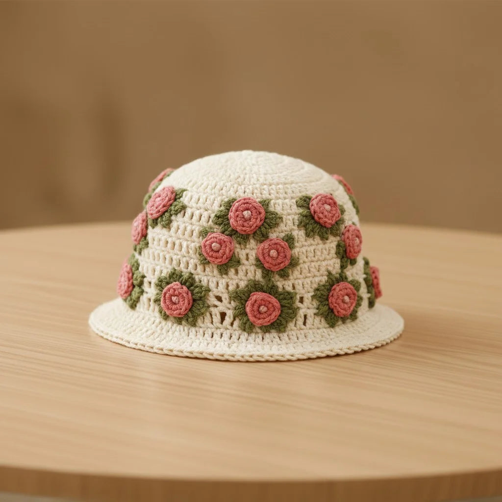 floral crochet bucket hat boho rose summer hat women