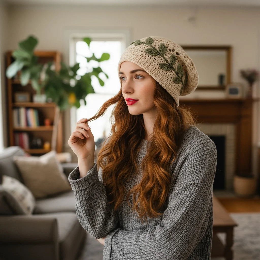 leaf crochet slouchy beanie boho knit winter hat women