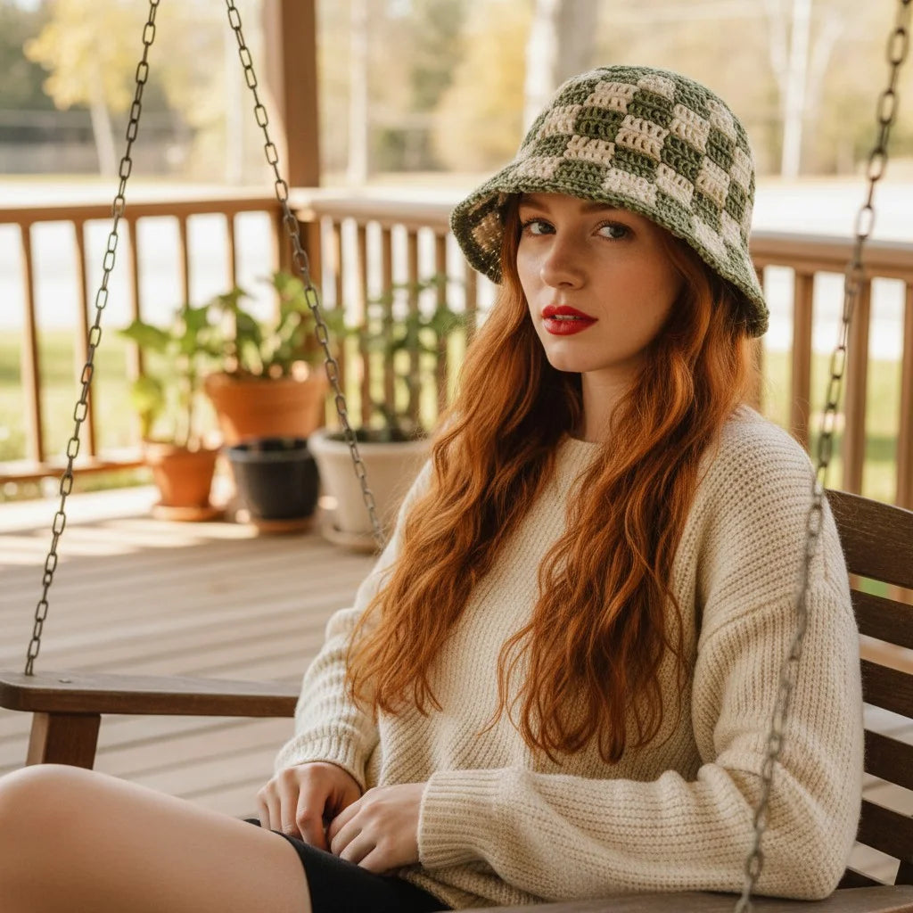 checkerboard crochet bucket hat handmade boho cap