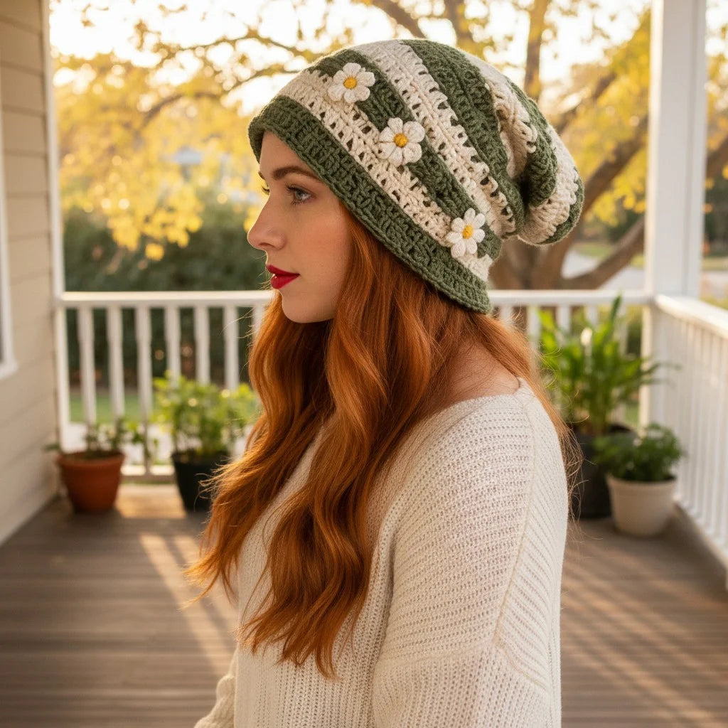 green crochet daisy beanie hat boho slouchy crochet cap