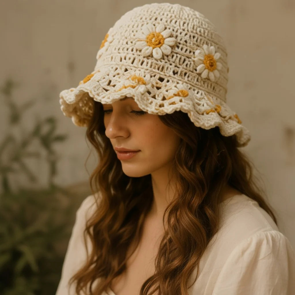 daisy crochet bucket hat boho floral summer hat women